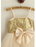  Champagne Sequin Tulle Thin Straps Knee Length Flower Girl Dress